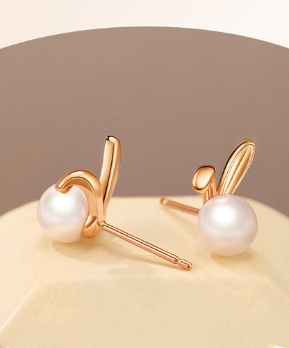 Rose Gold Rabbit Metal Pearl Stud Earrings