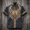 Men's Viking Tribal Dragon With Celtic Knotwork Embroidery Art Linen T-shirt elevenforest