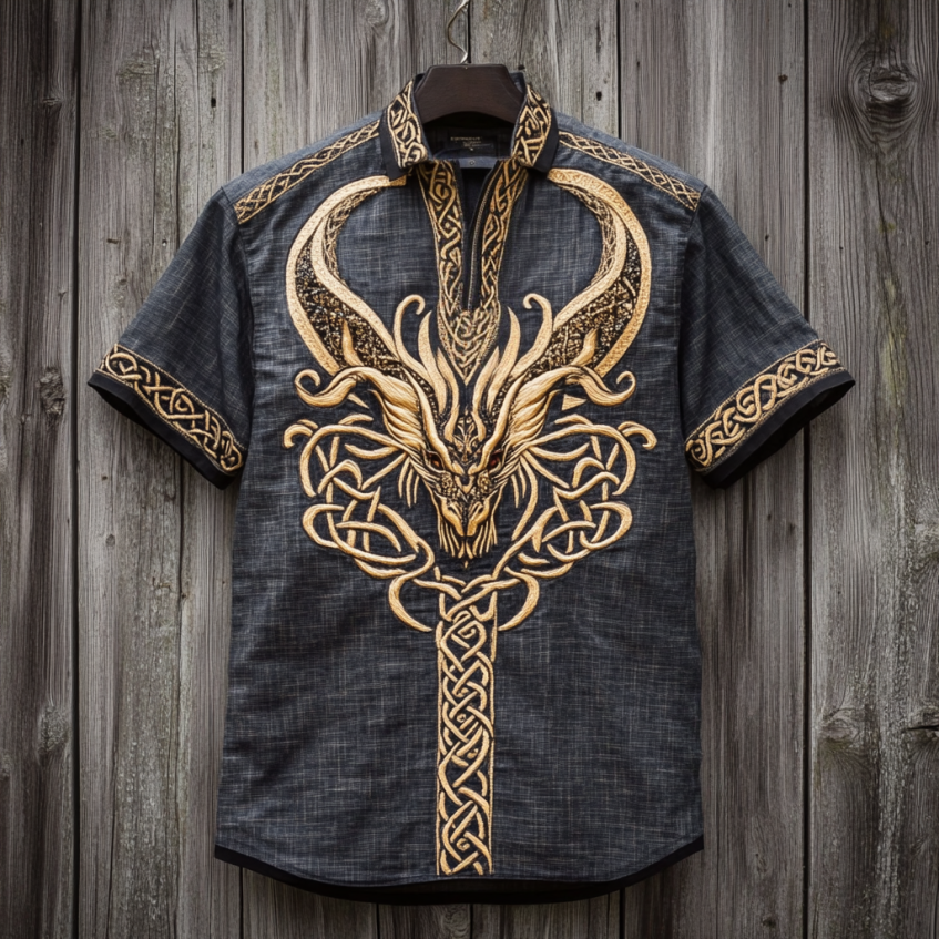 Men's Viking Tribal Dragon With Celtic Knotwork Embroidery Art Linen T-shirt elevenforest