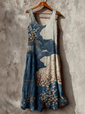 Cherry Blossom Sea Waves Japanese Sashiko Art Linen Maxi Dress elevenforest