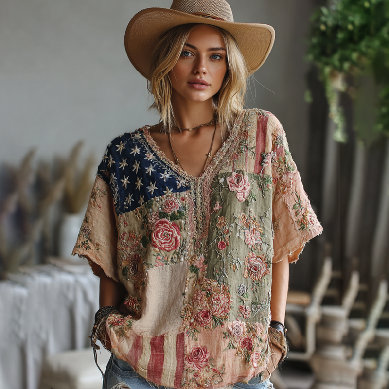 Women's Vintage American Western Country Style Floral And Stars Embroidered Linen Blend V-neck T-shirt elevenforest