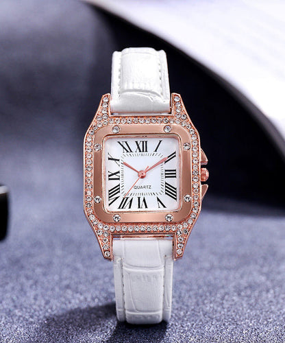 Modern Red Leather Inlaid Zircon Quartz Movement Watches