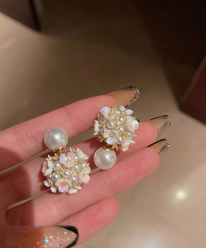 Art White Alloy Acrylic Pearl Zircon Stud Earrings