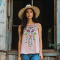 Comstylish Vintage Flowers Embroidery Art Linen Sleeveless Top