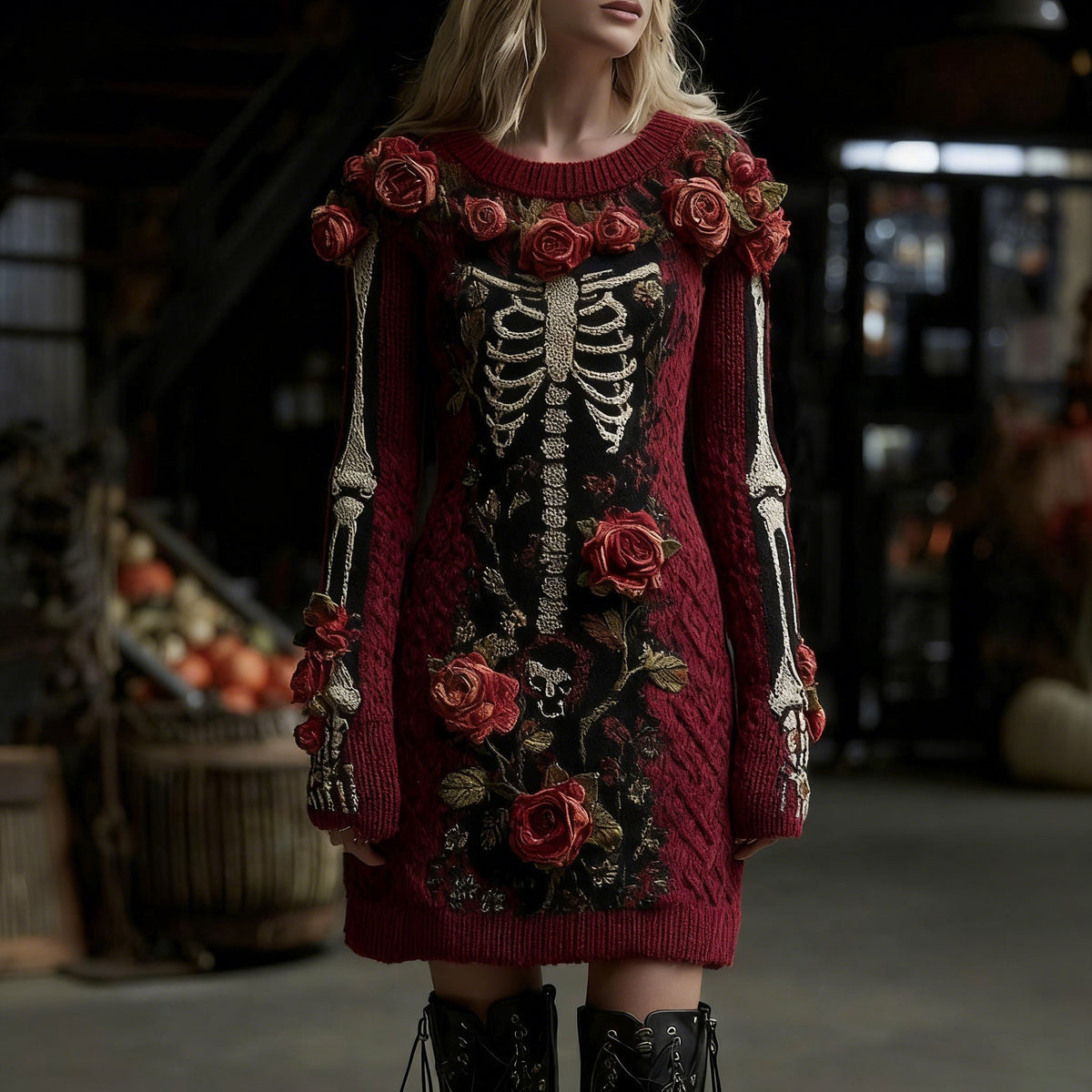 Women's Vintage Halloween Skull With Rose Art Cozy Knit Mini Sweater Dress elevenforest