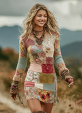 Comstylish Women's Patchwork Floral Art Cozy Knit V Neck Mini Sweater Dress