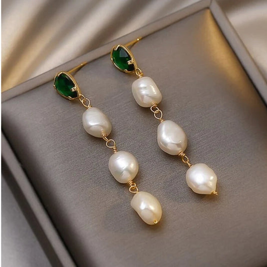 Pearl Pendant Earrings With Emerald in Gold