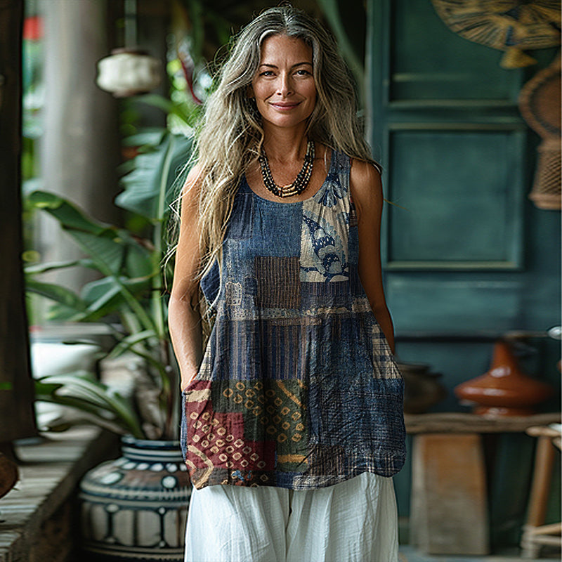 Comstylish Women's Loose Japanese Traditional Sashiko Patchwork Linen Sleeveless Tank Top