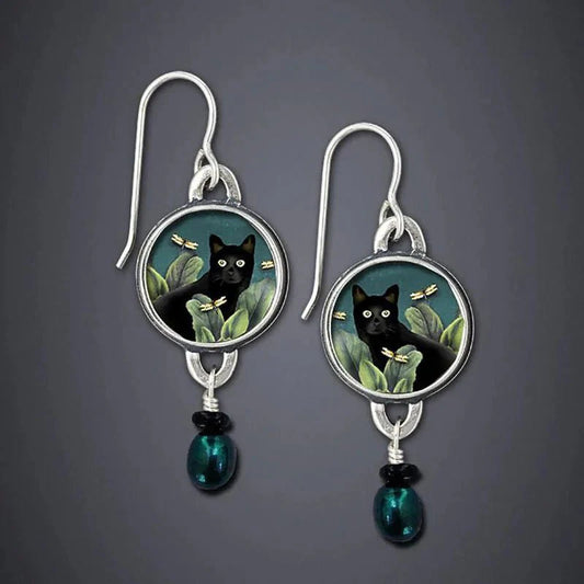 Tropical Black Cat Dangle Earrings