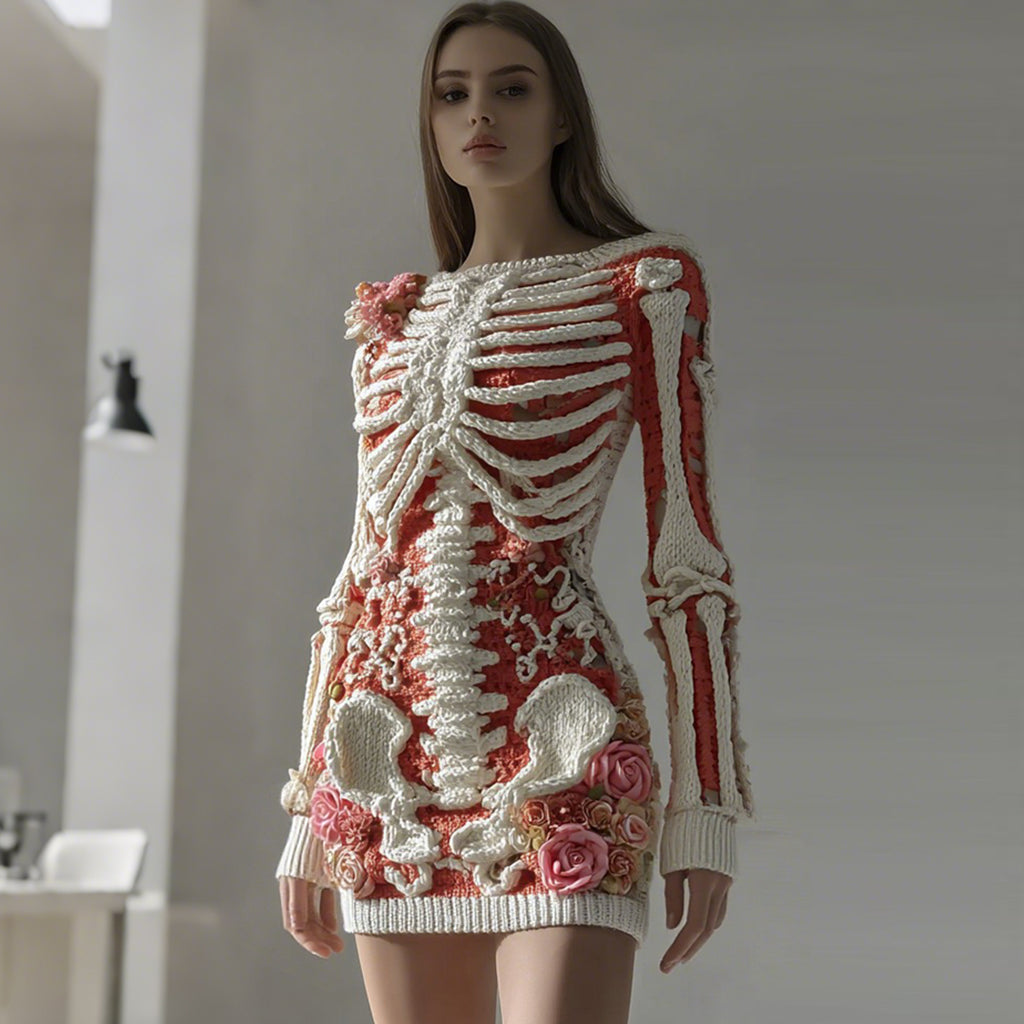 Comstylish Women's Vintage Skull White Rose Crochet Cozy Knitted Sweater Dress