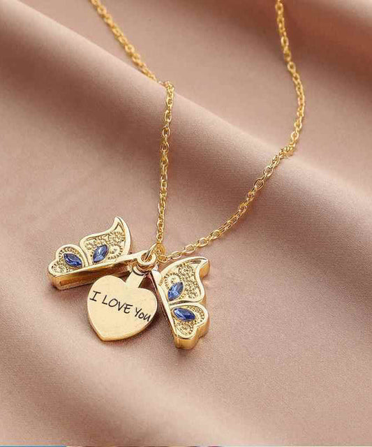 Gold Copper Alloy Zircon Butterfly I Love You Pendant Necklace