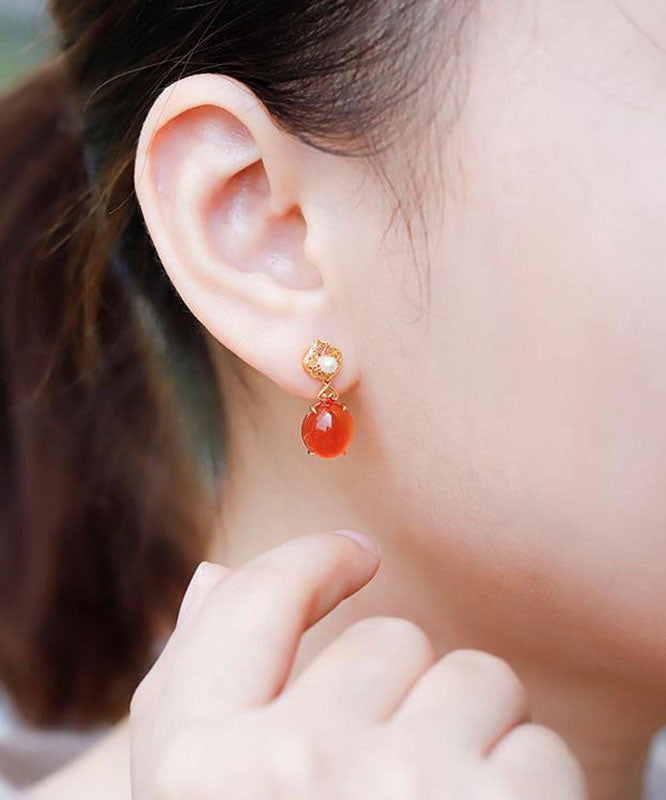 Simple Red 18k Gold Inlaid Jade Agate Drop Earrings