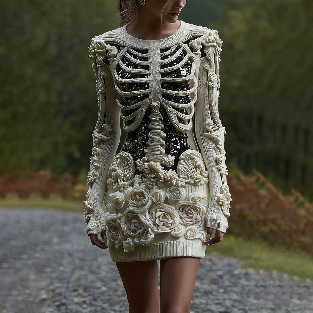 Women's Vintage Halloween Skeleton Bones With Glitter And Rose Art Cozy Knit Mini Sweater Dress elevenforest