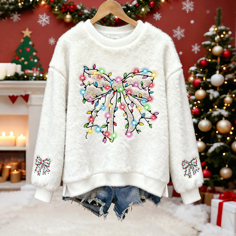 Comstylish Cute Fairy Light Bow Pattern Warm Round Neck Sweater
