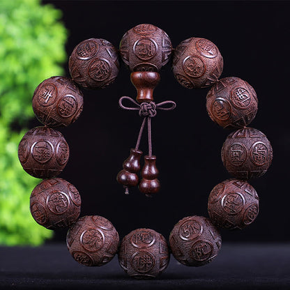 Buddha Stones Chinese Zodiac Rosewood Ebony Copper Coin Pixiu Carved Warmth Bracelet