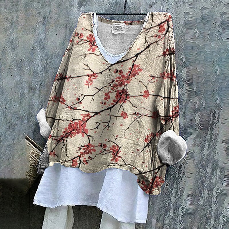 Women's Japanese Style Floral Linen Long-sleeved Shirt elevenforest
