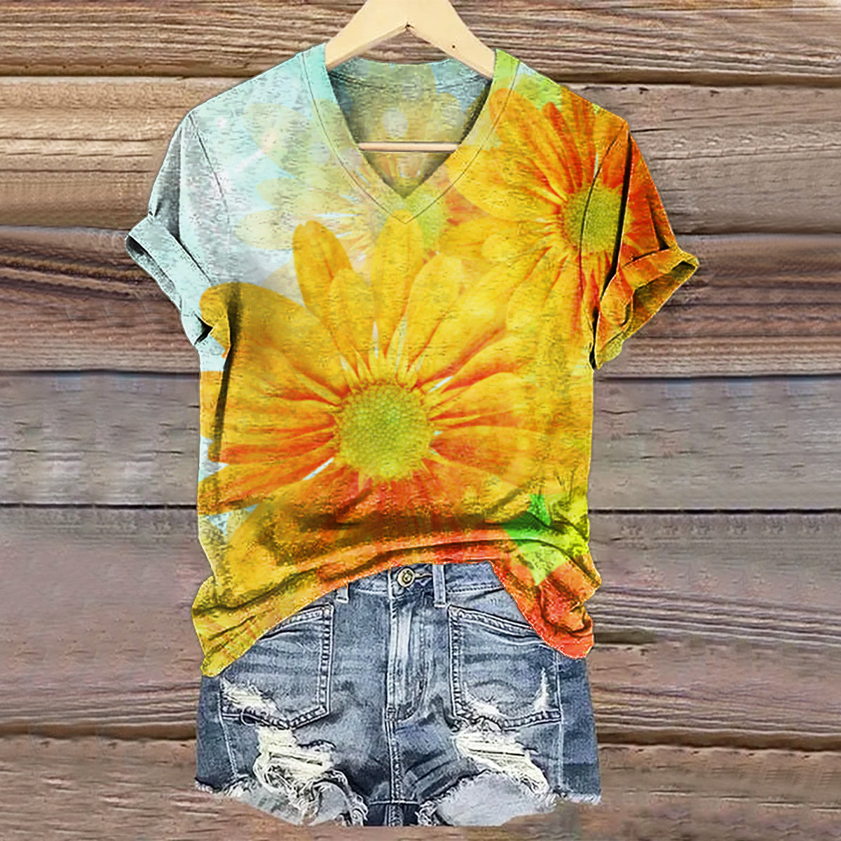 Women's Vintage Daisy Floral Art Print V-neck Casual T-Shirt