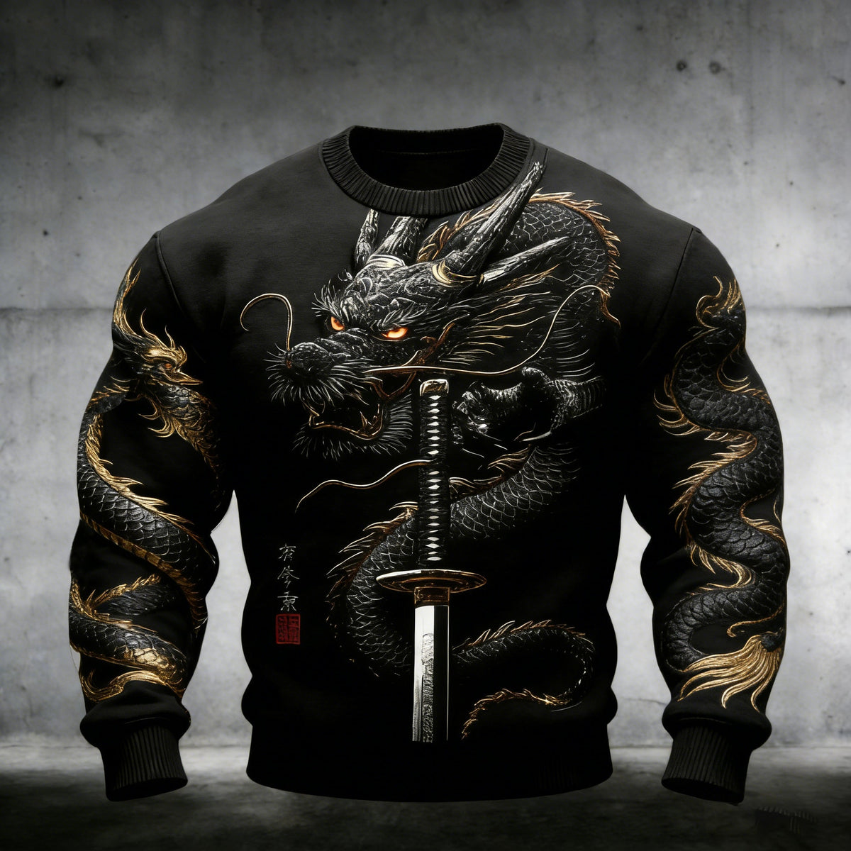 Men's Retro Dragon With Japanese Samurai Pattern Knit Sweater elevenforest