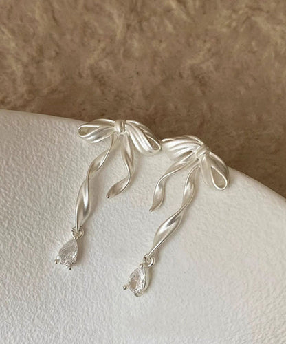 White Copper Alloy Butterfly Silk Ribbon Drop Earrings