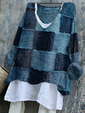 Women's Denim Patchwork Vintage V-neck Shirt elevenforest