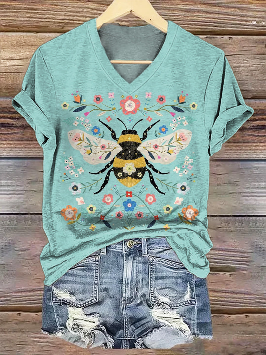 Women's Art Painting Hippie Print V-Neck T-Shirt