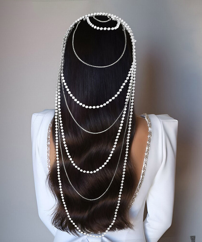 Silk Pearl Zircon Chain Hairpiece