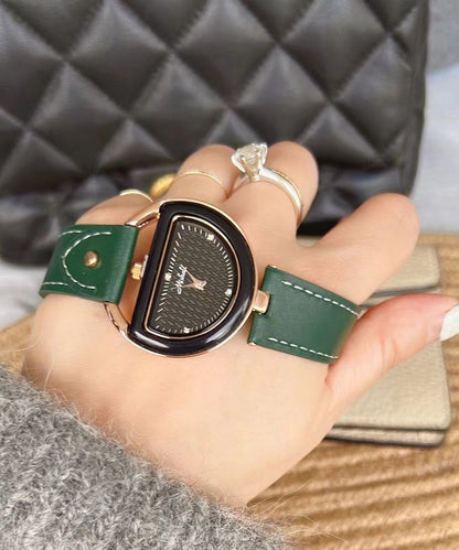 Brown Leather Alloy Hardlex Crystal Semicircle Watches