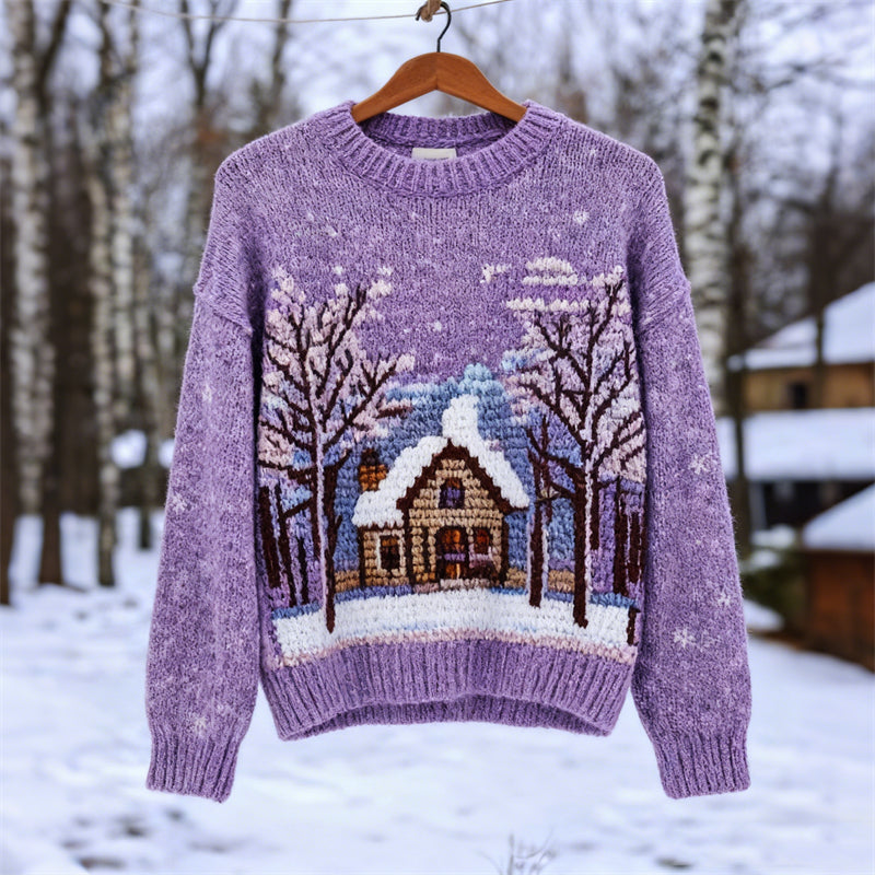 Comstylish Vintage Christmas Snowing Forest Cottage Cozy Knit Sweater
