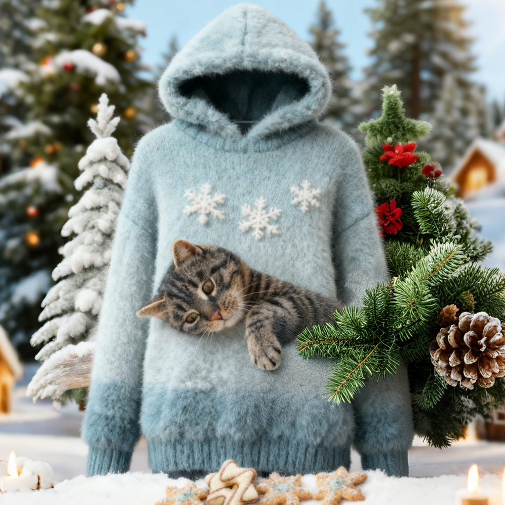 Christmas Cat Felt Art Women's Hooded Plush Sweater artswardrobe