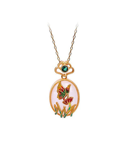 Fine Gold Copper Overgild Jade Crystal Butterfly Pendant Necklace