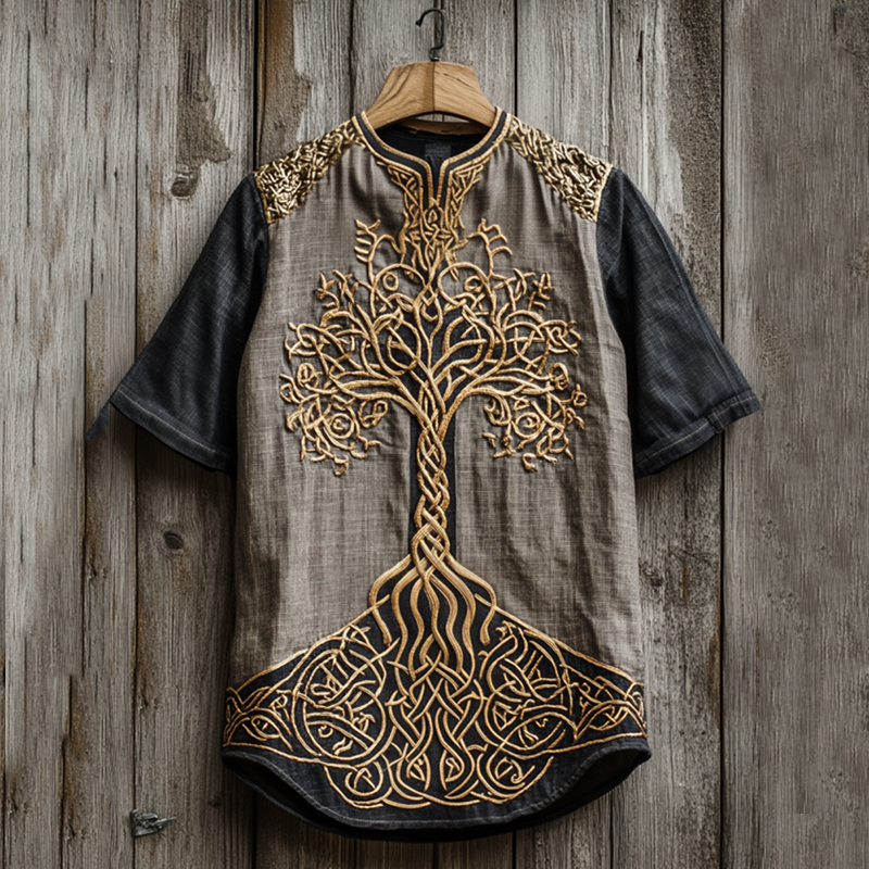 Men's Viking Tribal Tree Of Life With Celtic Knotwork Embroidered Art  Linen Round Neck T-shirt elevenforest