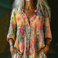 Comstylish Women's Vintage Watercolor Flower Collage Art Print Casual Cotton And Linen Shirt