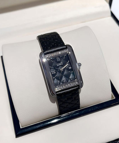Boutique Black Leather Alloy Plaid Patchwork Waterproof Watch
