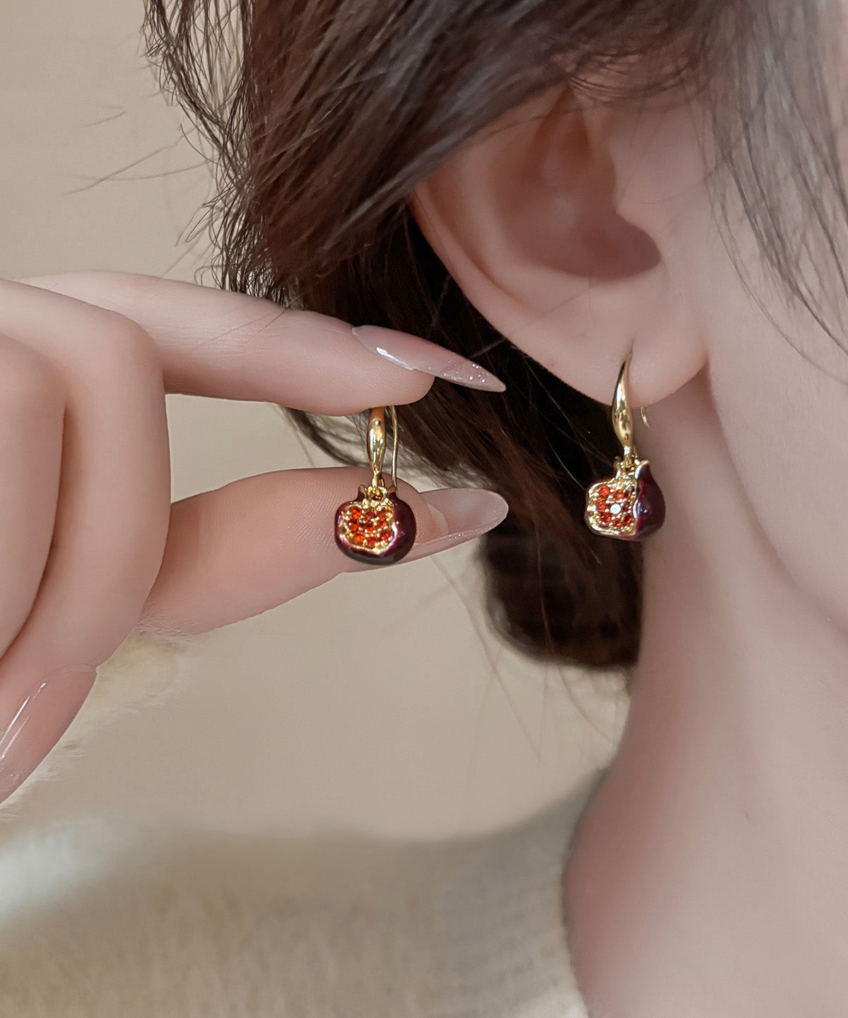 Mulberry Copper Alloy Zircon Drip Glaze Pomegranate Hoop Earrings