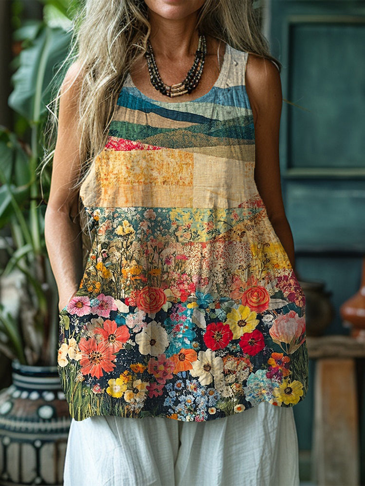 Comstylish Vintage Boho Floral Patchwork Linen Tank Top