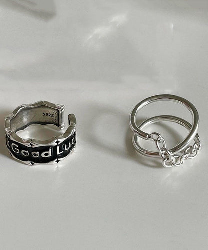 Retro Silk Stainless Steel Patchwork Chain and Graphic Two Piece Set Rings