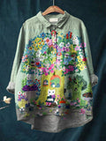 Vintage Lovely Animals Floral Art Print Casual Cotton And Linen Shirt