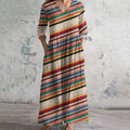 Comstylish Color Stripes Print V-neck Linen Blend Midi Dress