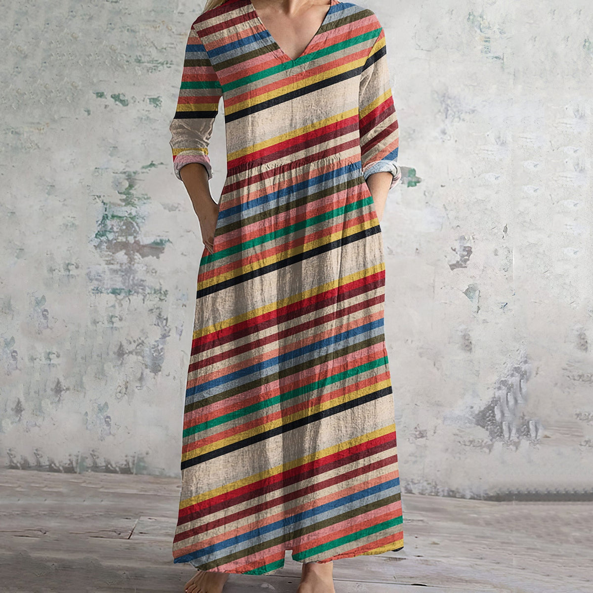 Comstylish Color Stripes Print V-neck Linen Blend Midi Dress