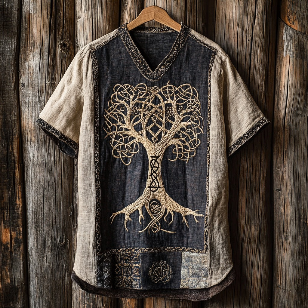 Men's Tribal Life Of Tree Celtic Art Linen V-neck T Shirt elevenforest