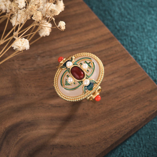 Adjustable White Jade and Red Agate Luck Ring for Protection