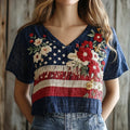 Independence Day Vintage Floral Embroidery Women's Linen V-neck T-shirt elevenforest
