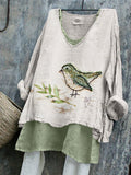 Bird & Leaves Floral Fiber Art Linen Tunic elevenforest