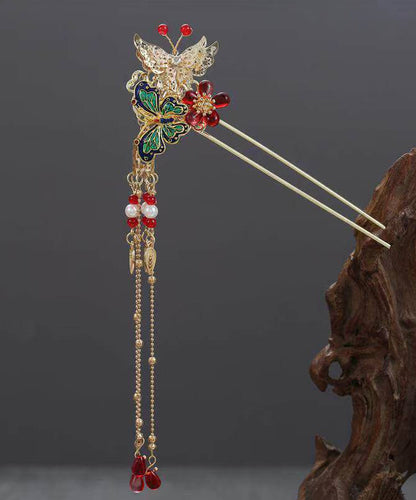 Chinese Style Copper Alloy Colored Glaze Butterfly Tassel a Pair Hairpin