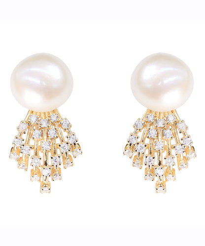 Modern White Sterling Silver Overgild Jade Zircon Stud Earrings