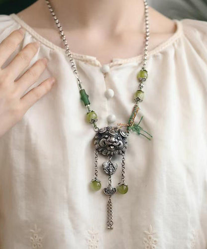 Green Sterling Silver Jade Tassel Lariat Necklace