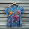 Underwater World Colorful Starfish Embroidered Lace Art Linen Blend Shirt elevenforest