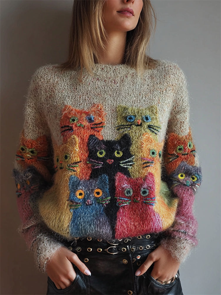 Vintage Colorful Crowded Cats Fuzzy Cozy Knit Sweater elevenforest