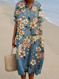 Japanese Plum Blossom Art Printed V Neck Casual Midi Dress