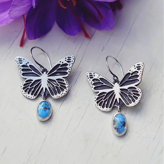 Silver Butterfly Blue Stone Earrings